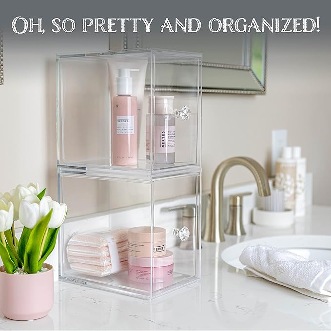 Oizeir Clear Drawer Organizers - Acrylic, Durable, Stackable, Pull-Out Drawer. Great for Medicine, Cosmetics, Makeup and Bathroom Organization. (8" High | 2-PACK)