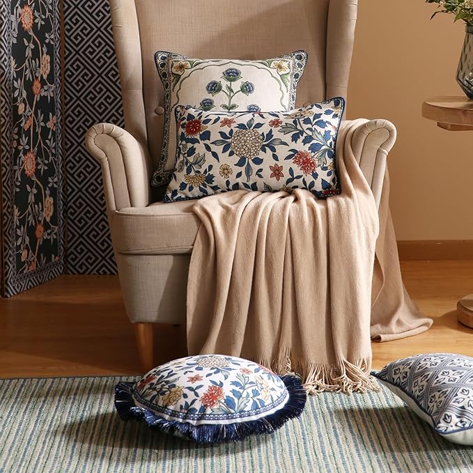 patdrea Designer Throw Pillow Covers Set of 2,Euro Elegant Linen with Colorful Blooming Floral Pattern Pillow Cover,Decorative Lumbar Pillowcases Cushion for Bed Living Room Outdoor Car,12"x20"