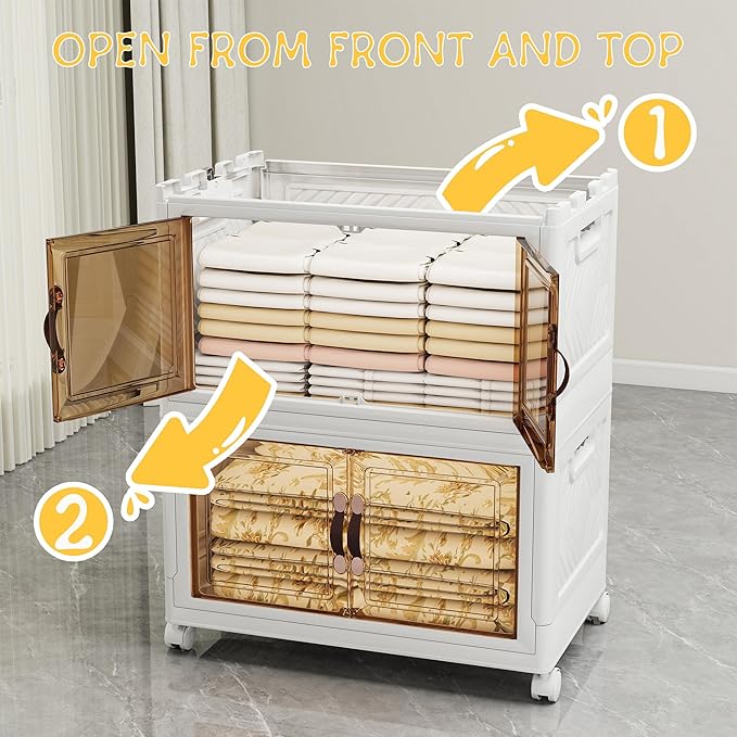 Storage Bins with Lids and Wheels, 314QT-157QT*2Tier Collapsible Bathroom Storage Cabinet with Clear Doors, Plastic Stackable Closet Organizers and Containers White