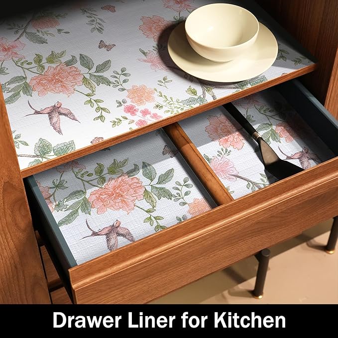 Amiitay Bird Floral Shelf Liners Non Adhesive and Strong Non-Slip 12IN x 20FT Shelf and Drawer Liners for Kitchen Cabinet Wire Fridge, Waterproof Shelf Drawer Liner,Easy to Clean