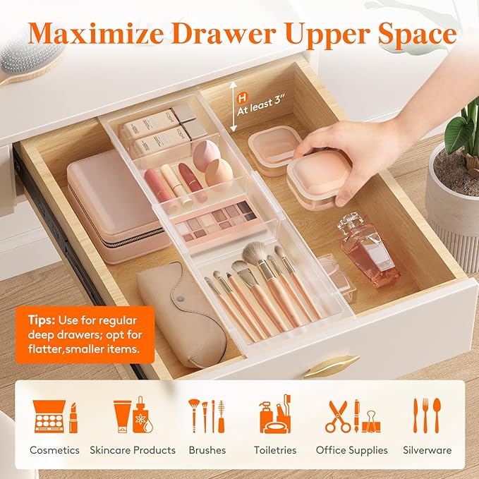 Lifewit Sliding Makeup Drawer Organizer, Fits 13-20" Deep Drawers, Extendable Hanging Divider, 1.8" High Plastic Tray for Vanity, Office, Kitchen, Translucent,1Pcs