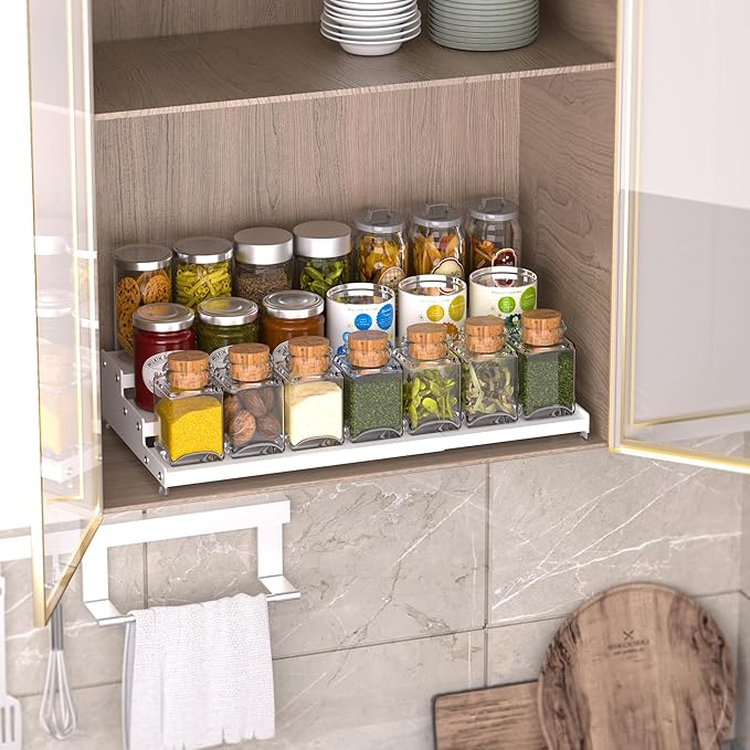 Expandable Carbon Steel Spice Rack Organizer for Pantry, Adjustable 3-Tier Ladder Shelf,Holds Up to 24 Cans,Kitchen Countertop Organizer, Rustproof Storage Rack for Spices, Cans, Sauces & Dry Goods
