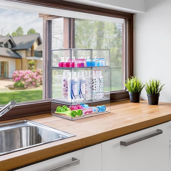 Sorbus Wide Stackable Acrylic Storage Drawers, 8 Pack Clear Plastic Organizer Bins for Baby Bottles, Makeup, Bathroom, Vanity & Countertop Organization, Pull-Out Drawer Design for Cabinets & Pantry