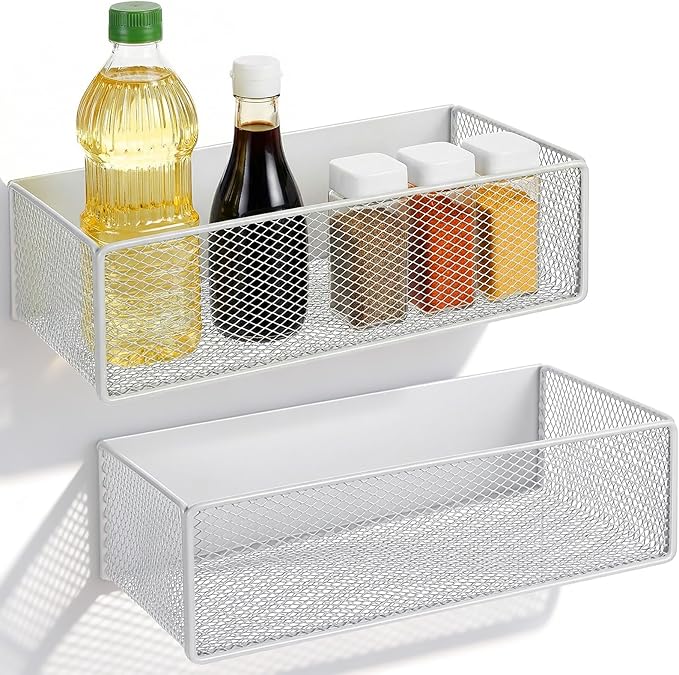 Ckhoid 2PCS Magnetic Basket Bins, 10 × 5 × 3 inch Fridge Organizer Holder, Heavy Duty Metal Basket Storage Shelf, Spice Storage Rack Organizer for Refrigerator, Home Kitchen Organization Accessories