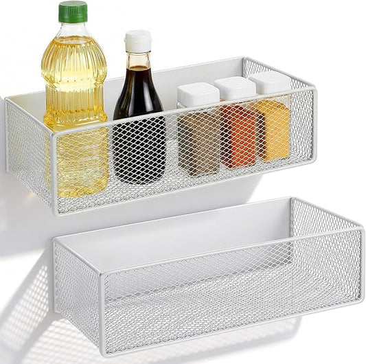 Ckhoid 2PCS Magnetic Basket Bins, 10 × 5 × 3 inch Fridge Organizer Holder, Heavy Duty Metal Basket Storage Shelf, Spice Storage Rack Organizer for Refrigerator, Home Kitchen Organization Accessories