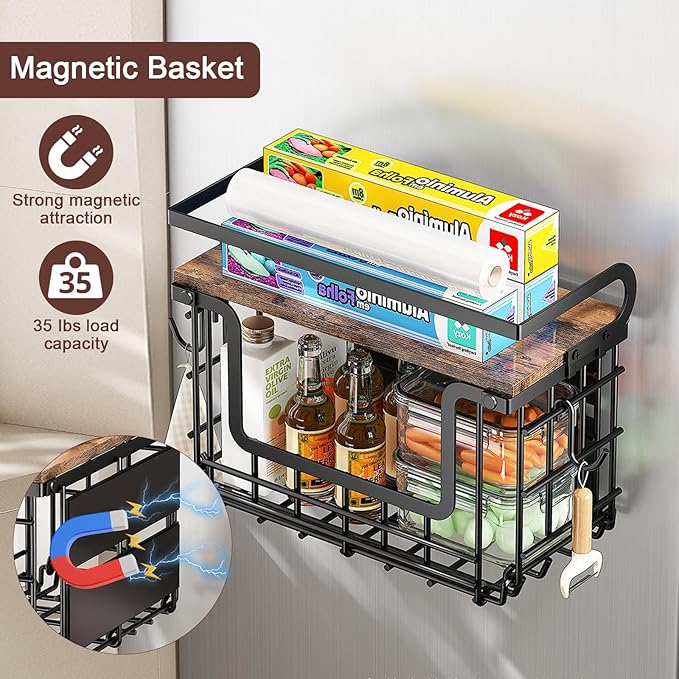 Mowhut Magnetic Shelf for Fridge, Magnetic Spice Rack with Wood Lid & 2 Hooks, Fruit Potato and Onion Storage Bin, Refrigerator Organizers and Storage, Kitchen Pantry Countertop & Cabinet, Black