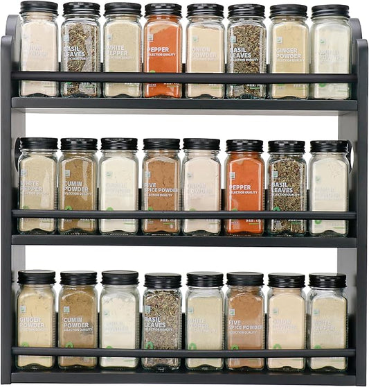 3 Tier Bamboo Spice Rack, Spice Rack Organizer, Seasoning Jars Rack Shelf Spice Organizer for Kitchen Counter or Wall Mounting, Spice Storage Holder with handles, Jars Not Included,Black