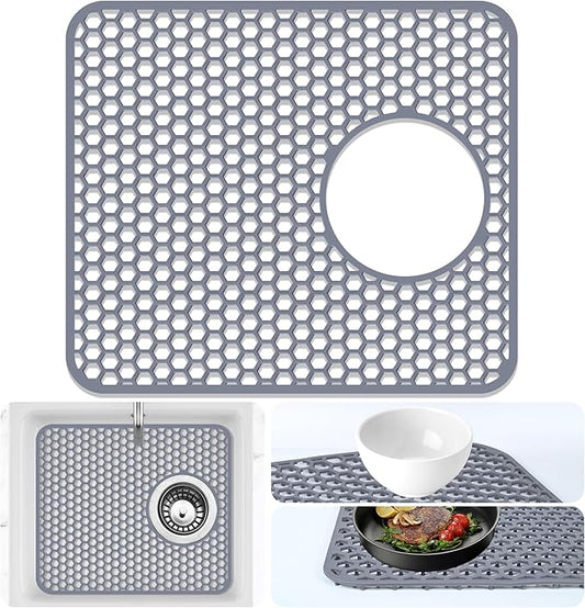Sink Protectors Mat - 13.5"x11.57" Kitchen Sink Pad for Bottom of Basin for Protection of Stainless Steel and Tableware, Farmhouse Rubber Basin Mat Protector with Side Drain - Light Gray
