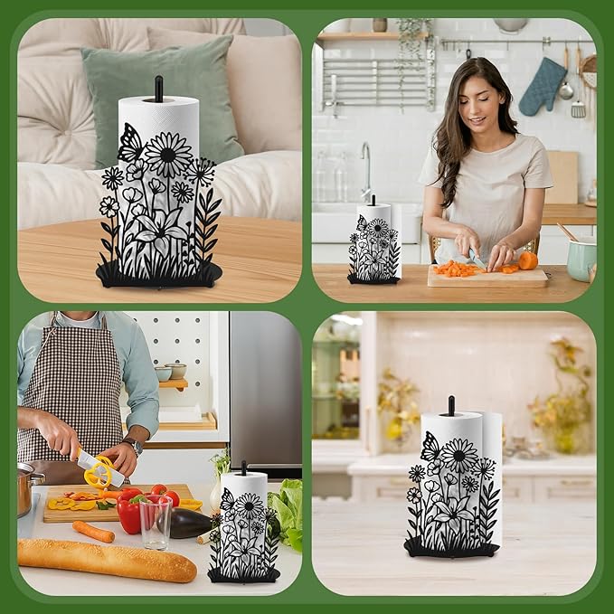 Wildflower Paper Towel Holder Black Metal Paper Towel Holder Large Decorative Tissue Stand Kitchen Decor Accessories for Home Party Bathroom Countertop Dining Table