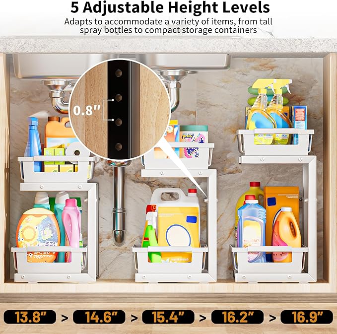 TOFWOF Under Sink Organizer 2 Pack, 2 Tier Adjustable Height Reinforced Carbon Steel Under Kitchen Bathroom Sink Storage Organizer, Smooth Pull-Out Under Sink Cabinet Rack Drawer Organizer, White