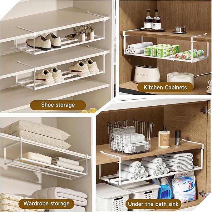 UFORU Expandable Hanging Shoe Rack Organizer for Closet, Adjustable Shoe Rack Under Cabinet Shelf, Versatile Under Shelf Storage for Kitchen, Book, Clothing Storage and Organization(White,2PCS)
