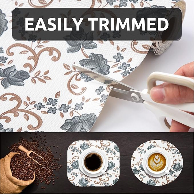 FIFTY FEET 12X120 Inch Shelf Liner for Kitchen Cabinets, PVC Drawer Liner for Dresser Non-Slip Bathroom, Non-Adhesive Cabinet Liner Washable (Black Floral)(1 Roll)
