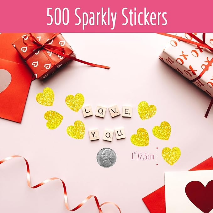 500 PCS Gold Glitter Heart Stickers - Golden Metallic Sparkling Self Adhesive Waterproof Reflective Heart Stickers for Love Decorative Labels - Wedding, Valentine's Day Supplies (1' Each)