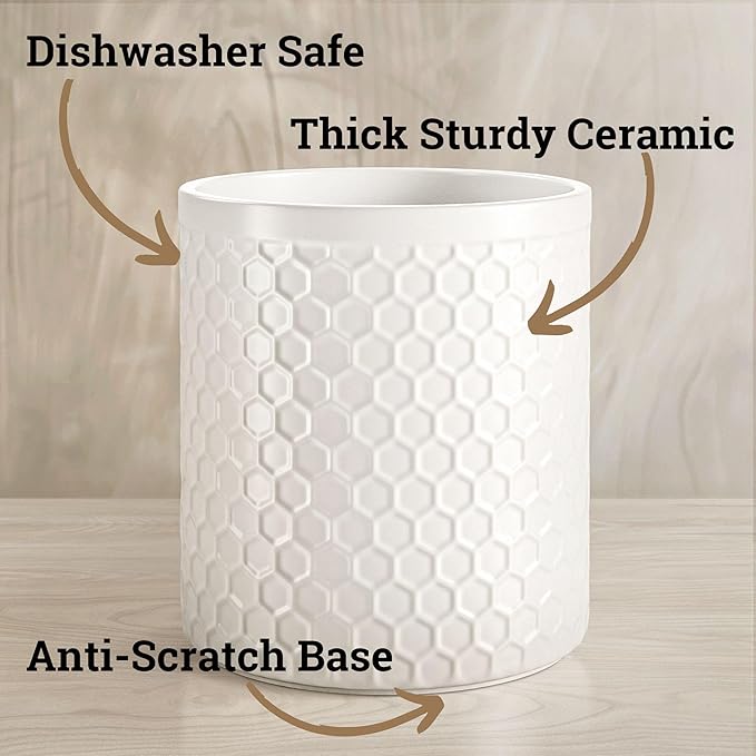 Ceramic Utensil Holder for Kitchen Counter with Anti-Slip Base - 5.5" Round x 6.5" Tall Kitchen Utensil Holder for Countertop - Holds up to 15 Pieces - Cooking Utensils Container - Vase for Utensils