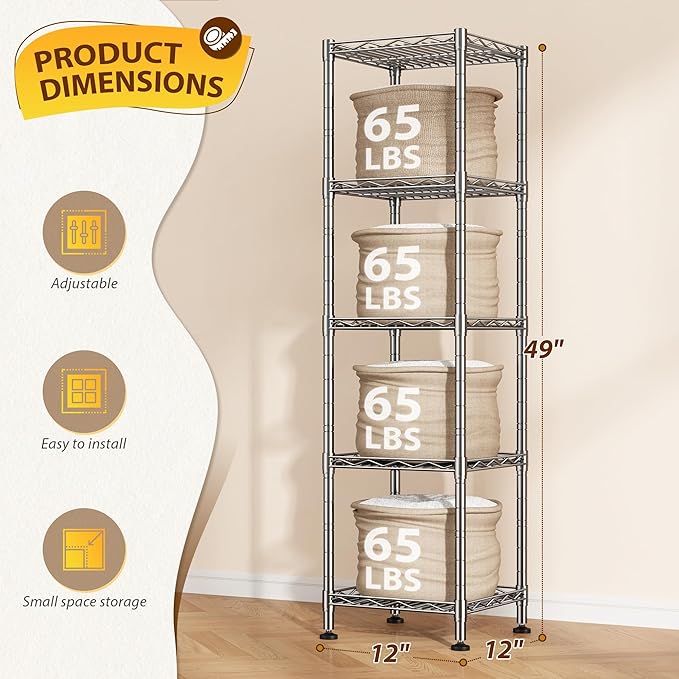 Set of 2 Metal Shelving-5 Tier Storage Shelves:AdjustableShelving and Units Standing Shelving Storage Rack Narrow Shelf for Kitchen Pantry Closet Office 12''Wx12''Dx49''H Chrome