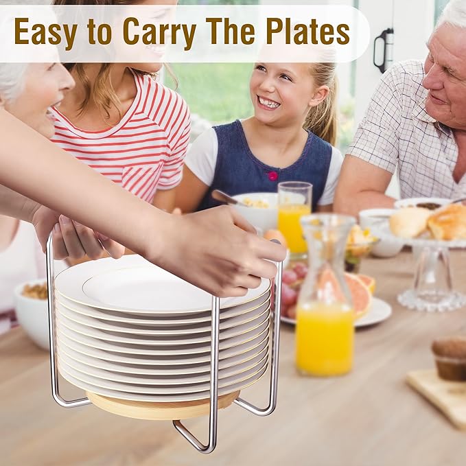 Plate Holder for Kitchen Drawers - Bamboo Dish Racks for Kitchen Counter 2Pcs Small - Adjust 6.75" to 8" Stainless Steel Plate and Bowl Organizer for Cabinet, RV, Countertop