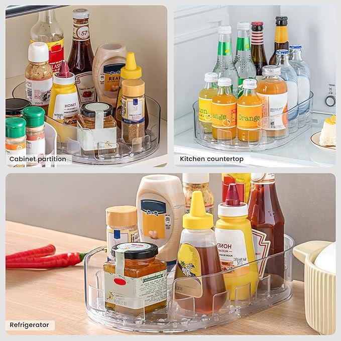 HomeBeyond Rectangular Lazy Susan Organizer for Refrigerator & Cabinet, 360° Rotating Fridge Turntable, Removable Non-Skid Tray to Organize Condiments, Cans, Beverages, Clear PET