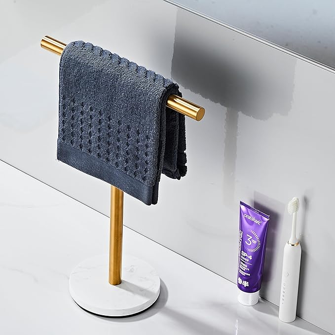 Hand Towel Holder, 15 Inch T-Shape Freestanding Towel Rack Stand for Bathroom & Kitchen Countertop with Brushed Gold Finish and Marble Base