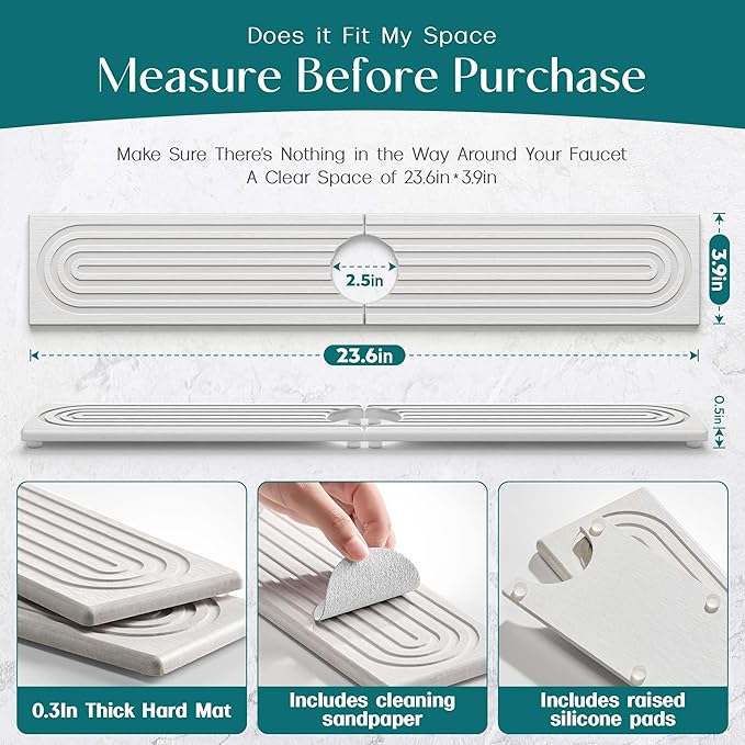 Eormoe Faucet Mat for Kitchen Sink – Diatomite Drying Stone Mat & Sink Protector, Prevent Moisture – Sink Splash Guard Water-Absorbing Stone Tray for Bathroom Counter [Light Grey,23.6" x 3.9"]