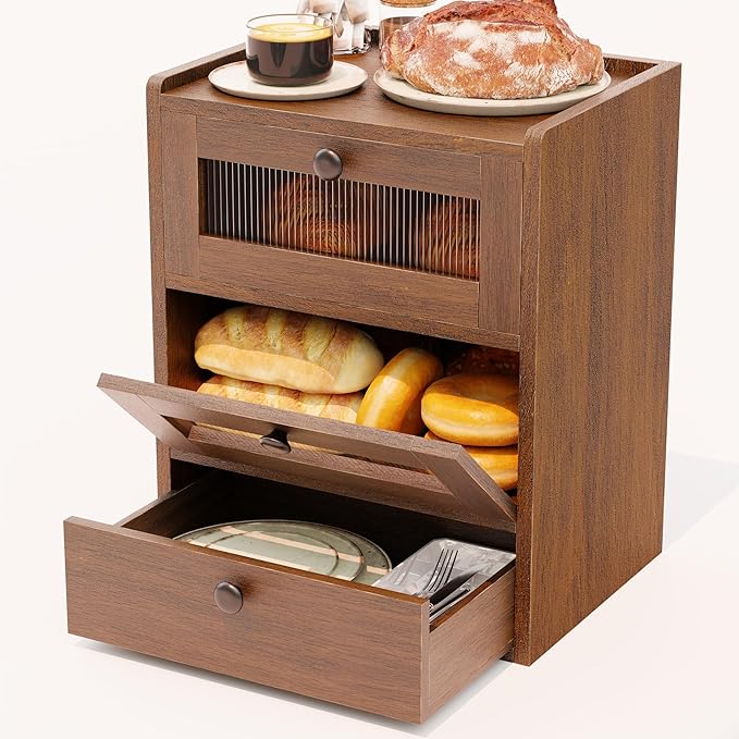 Bread Box for Kitchen Countertop, 3 Layer Farmhouse Countertop Bread Storage with Magnetic Closure Window Bread Storage Container Bin for Kitchen, Pantry (Brown)