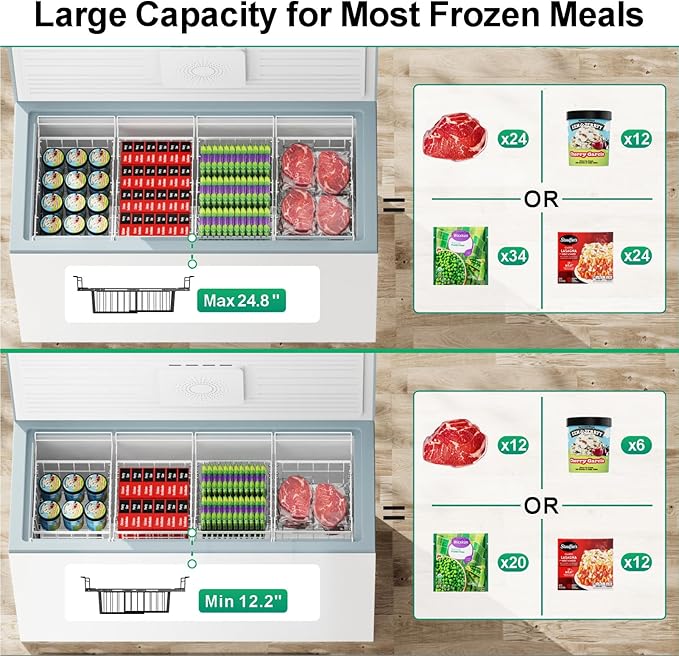 GSlife Freezer Organizer Bins - 2 Pack Expandable Freezer Bins for 10 to 20 Cu.Ft Chest Freezers, Hanging Wire Baskets Stop Digging & Maximize Top Storage Space, Sliding Deep Freezer Baskets, White