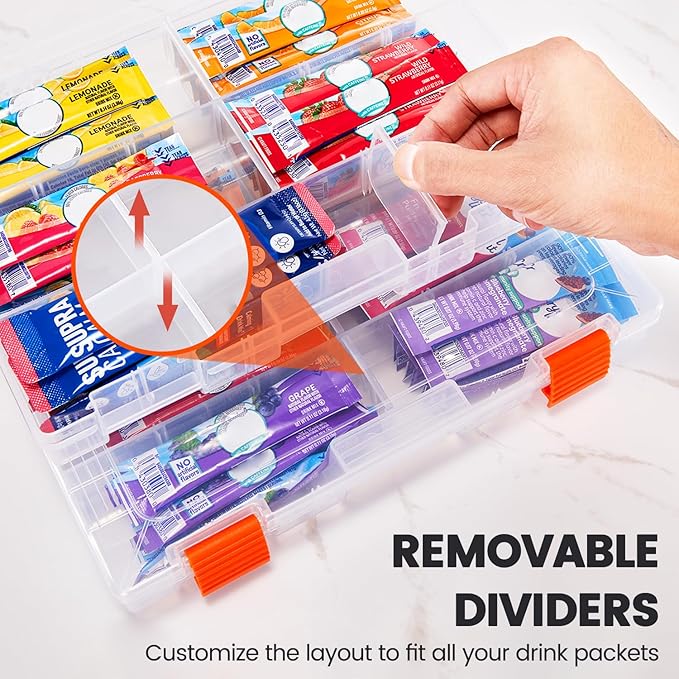MIMORE Drink Packet Organizer - Water Drink Packet Holder with Lid - Stackable Water Packet Organizer for Drawer, Cabinet or Pantry - Removable Divider