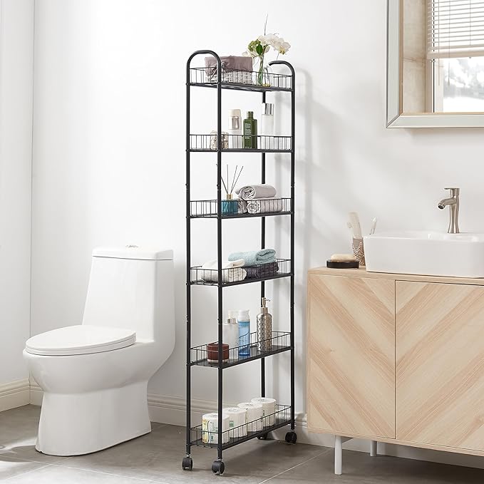 6 Tier Slim Rolling Pantry Storage Cart Metal Wire Storage Shelving Rack with Lockable Wheels Mobile Shelving Unit with Baskets Utility Cart for Kitchen Bathroom Laundry Narrow Places, Black &6" D