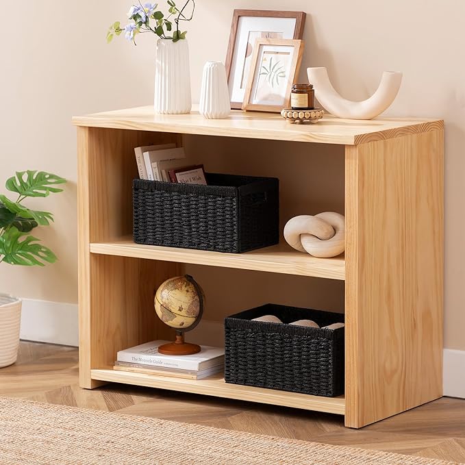 joybest Black Wicker Baskets, Woven Paper Rope Storage Baskets for Organizing, Foldable Rectangular Bin with Handles for Pantry, 13.4L x 8.3W x 7.1H inch, 2-pack