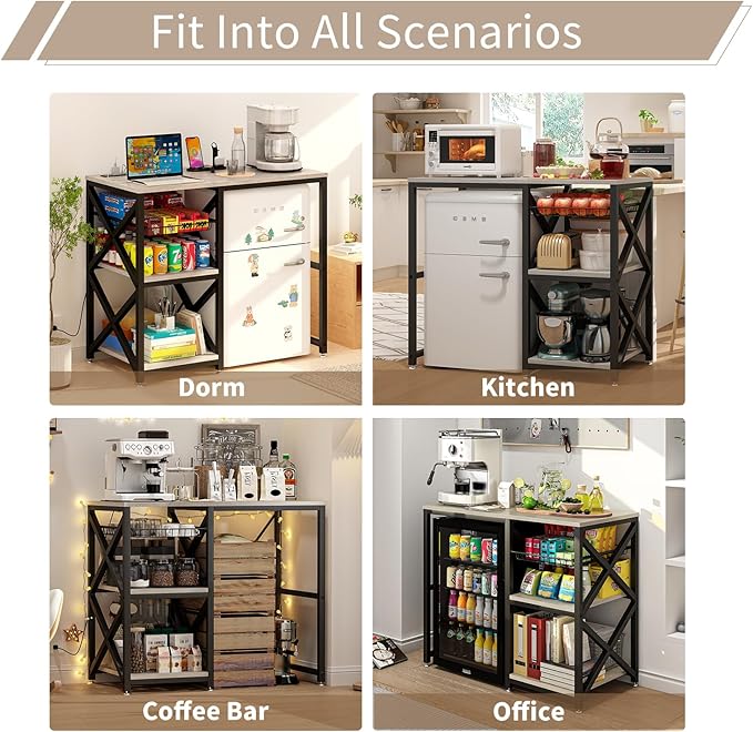 Kitchen Bakers Rack with Power Outlet,Mini Fridge Cabinet with Mesh Basket, Mini Fridge and Microwave Table with Storage for Office,Kitchen,Living Room,Coffee Bar,Patio,Greige