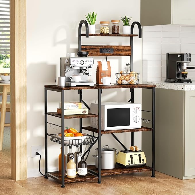 JAMFLY Bakers Rack with Power Outlet, Microwave Stand, kitchen Storage Shelf with 6 Hooks, Coffee Bar Station with Wire Basket, 6 Tier Kitchen Rack for Living Room, Spice, Pots and Pans Organizer