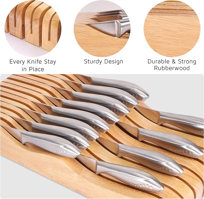 WELLSTAR Wood In-Drawer Knife Storage Block Holder - Organizer for 15 Knives, Kitchen Drawer Insert with Secure Blade-Down Storage, Durable Tray for Long & Short Knives (Knives Not Included)