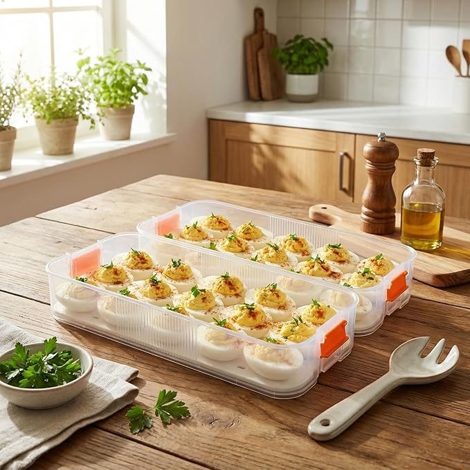 2 Pack Deviled Egg Container with Lid and Handle 2 Layer Deviled Egg Carrier for 60 Reusable Stackable Platter Clear Plastic Storage Tray for Dish Washer Party Home Kitchen Suppies