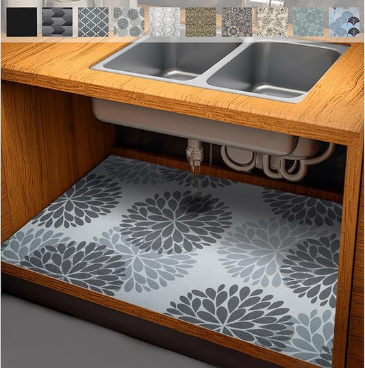 AiBOB Waterproof Under The Sink Mat, Absorbent Quick Dry Sink Liners Protect Cabinets, Durable Shelf Liners, Slip Resistant and Non-Adhesive, 24X36, Grey/Flower