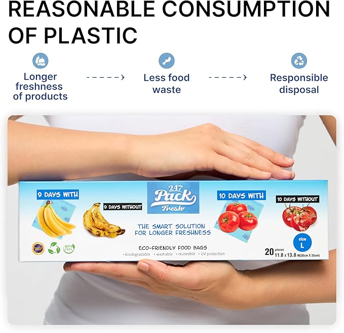 Freshpack 247 Food Bags – Tear-Off Bags on a Roll, Reusable, Ethylene Absorption Helps Keep Food Fresh up to 3× Longer – Biodegradable, BPA-Free, UV-Shielded, SGS Tested (Large)