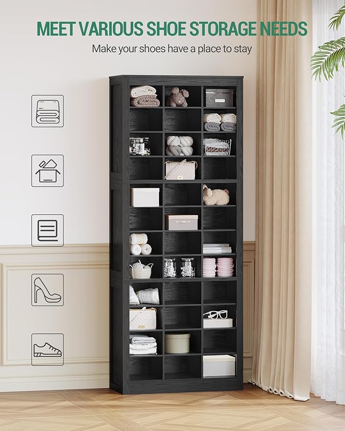 Shoe Storage Cabinet, 36 Pairs Free Standing Closet Organizer, 9 inch Widened Cell Wood Shoe Organizer, 12 Tiers Vertical Space Saving Shoe Rack for Entryway, Cloakroom, Black SR20704X