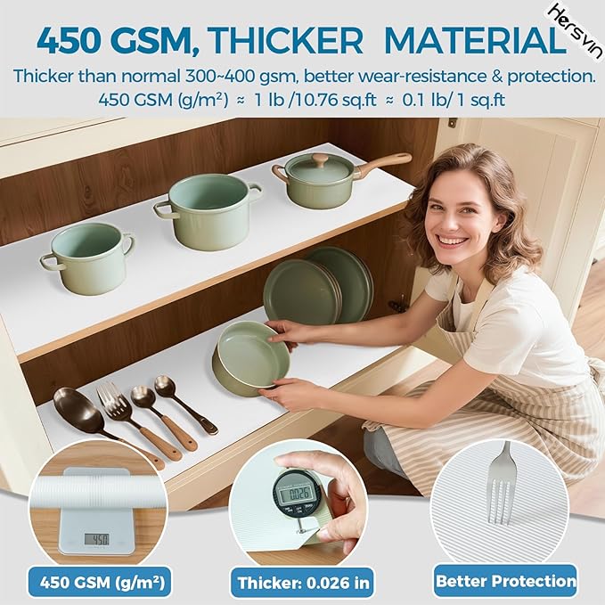 Hersvin Shelf Liners 14 in x 20 ft EVA Drawer Mats, Non-Adhesive Cupboard Protector, Kitchen Cabinet Lining Fridge Liner (White Stripe, 35.6x610cm)