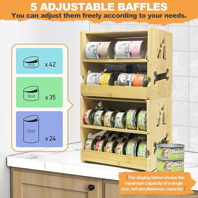 Bamboo Can Organizer for Pantry,Cat Food Organizer, 2 Tier Stackable Pet Food Can Organizer for Kitchen Pantry, Can Rack Organizer for Human and Pet Food Cans, FIFO Design