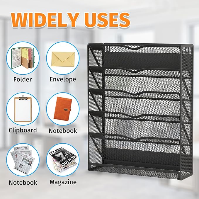 Mogbhw 6-Tier Magnetic File Holder, No Drilling Magnetic File Organizer Folder Holder, Black Hanging Magnetic Paper Holder for Refrigerator, Whiteboard, File Cabinets, Office, Kitchen (Black, 6-Tier)