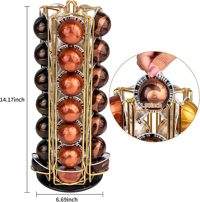 35 Coffee Pods Holder - Golden - 360° Spinning Coffee Pod Carousel Stand | Holds 35 Capsules | Compact Countertop Organizer with Silent Rotation, Durable & Modern