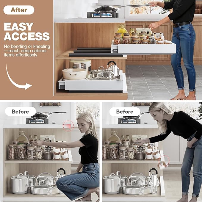 4 Pack Pull Out Cabinet Organizer Expandable Width (15"-24.8") & Depth (16.2"-23.6"), 3 Slide Rails Slide Out Drawers with Handle, Includes Raising Pad for Framed Cabinets, White