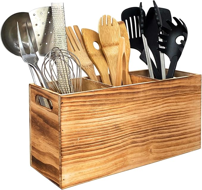 Wood Utensil Holder Organizer for Counter - Large Wooden Utensil Caddy for Countertop - 3 Compartment Cooking Tool Storage for Spatula - Farmhouse Kitchen Decor and Accessories