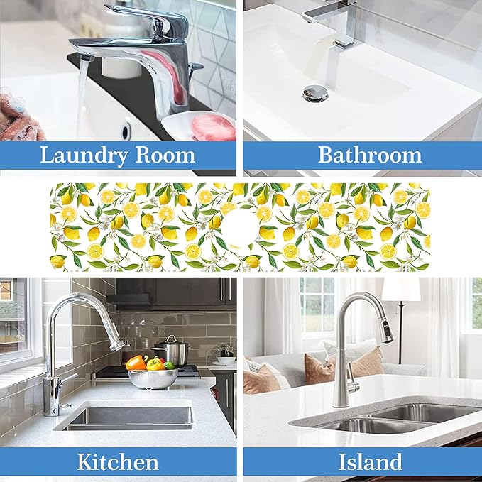 Lemon Fruit Faucet Mat Splash Guard Flower Leave Lemon, Soft Diatom Mud Material, Strong Water Absorption, Non-slip,Easy to Clean for Bathroom, Kitchen 23.5"X5.5"