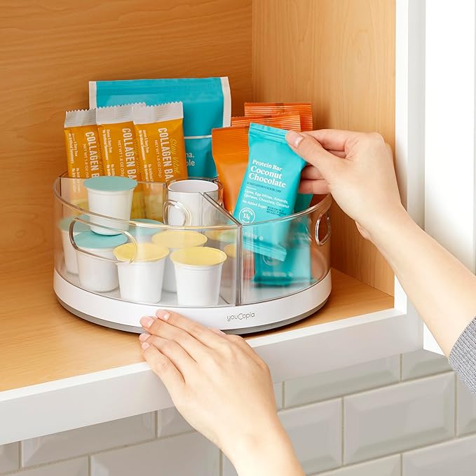 YouCopia Crazy Susan Lazy Susan Organizer,3 BPA-Free Removable Clear Bins with Handles,Rotating Storage Turntable for Kitchen Cabinet,Pantry and Bathroom Organization,(Pack of 6)