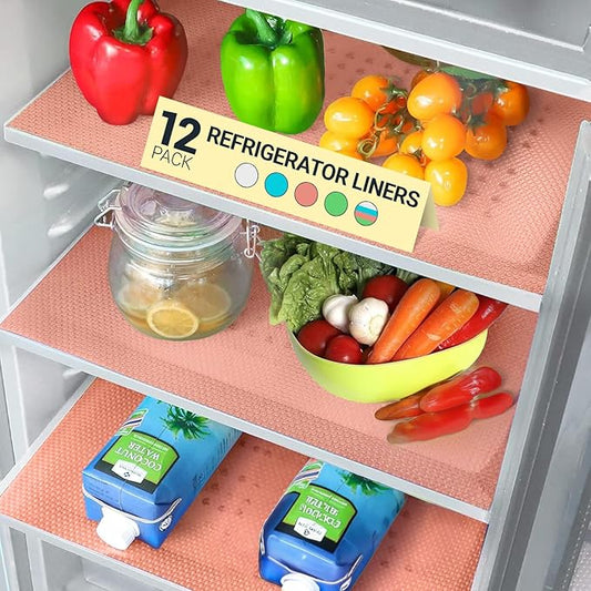 Refrigerator Liners for Shelves (12 Pack) by Linda’s Essentials - Non-Adhesive Shelf or Drawer Liner, BPA-Free Fridge Mats for Kitchen & Cabinets, Easy to Clean, Ideal Household Essentials (Pink)