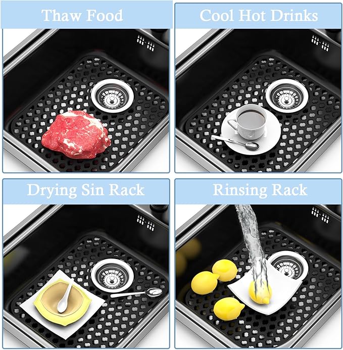 BEHOK 2 Pack Silicone Sink Protector for Kitchen Sink, 13.58" x 11.6" Heat-resistant Sink Mat Non-Slip and Durable Silicone Protectors, Rear Drain, Black