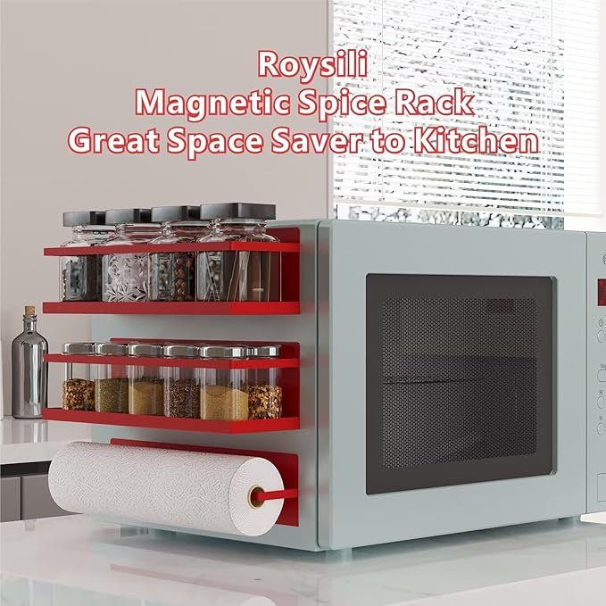 Roysili Magnetic Spice Rack For Refrigerator, Space Saving Magnetic Shelf For Fridge Red 4 Pack With Magnetic Paper Towel Holder