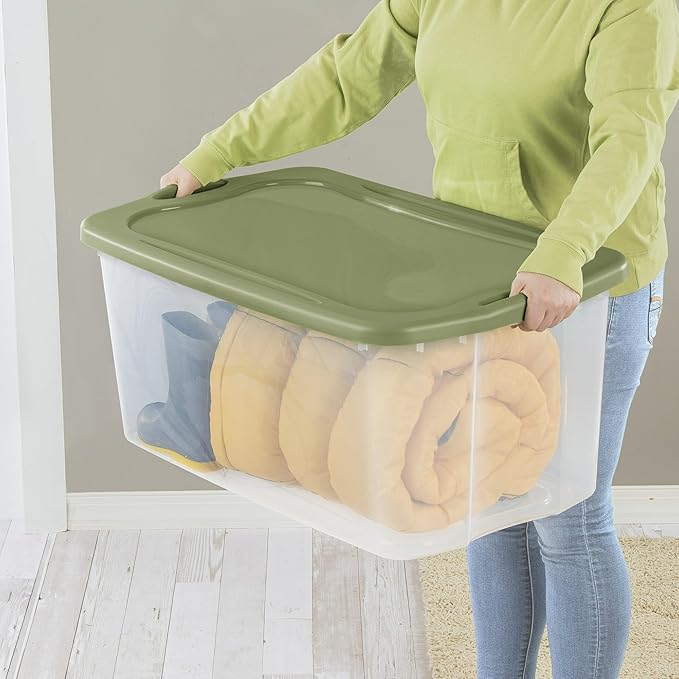 120 Quart Extra Large Clear Plastic Storage Bin with Full-Grip Handles and Lid, Heavy Duty Stackable Design for Toy Storage & Home Organizing, Craft Supplies, Green (2)
