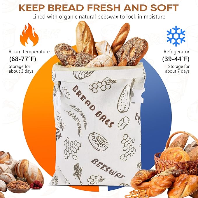 2Pack Reusable Bread Bags for Homemade Bread Organic Beeswax Cotton Bag -17x12in Food Storage with Snap Closure Fresh KeepingSourdough Storage Bag Thicker Organic Beeswax Sealed Bag(White)