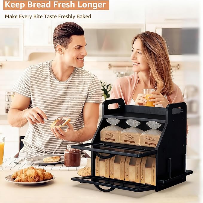 BAMBANG Extra Large Bread Box, Double Layer Bread Box for Homemade Bread, Bamboo Wooden Bread Storage Container with Tool Holder & Handles & Window, Assembly Required(14.9" x 11" x 15.3") Black