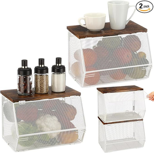 2 Pcs Stackable Mesh Fruit Basket with Lid Wall Produce Vegetable Storage Basket Onion Potato Snack Hanging Metal Wire Container for Kitchen Counter Pantry(Non-removable,White,8.3"w & 13.8"l)